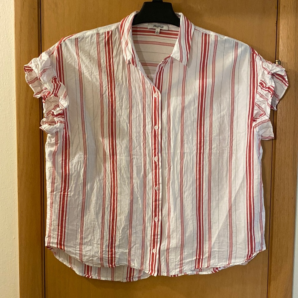 Madewell Central Ruffle Sleeve Blouse Button Down Shirt Carey Stripe Red White L